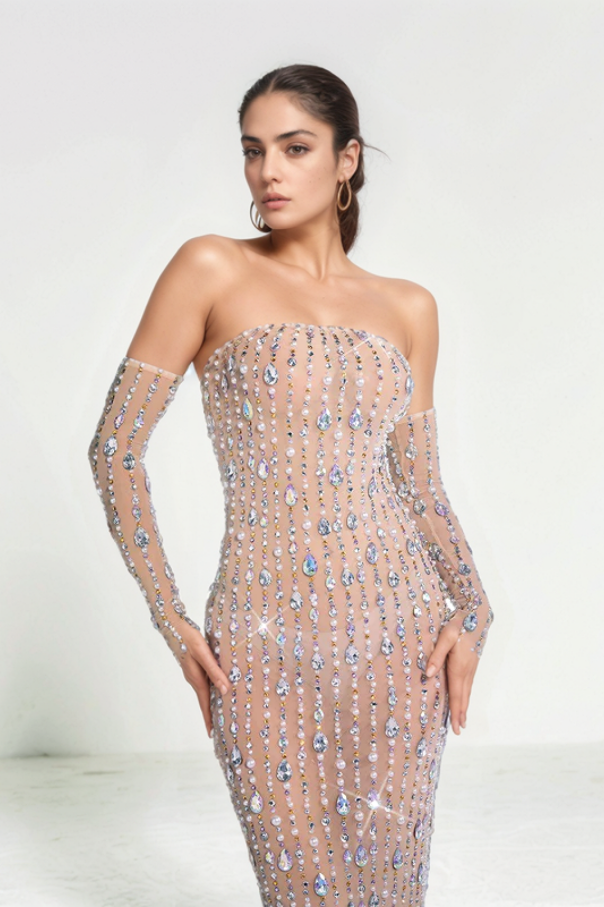 Elaine Crystal Mesh Maxi Dress In Apricot – Luxeles