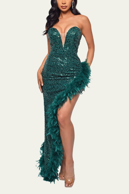 Ada Strapless Sequin Feather Split Maxi Dress