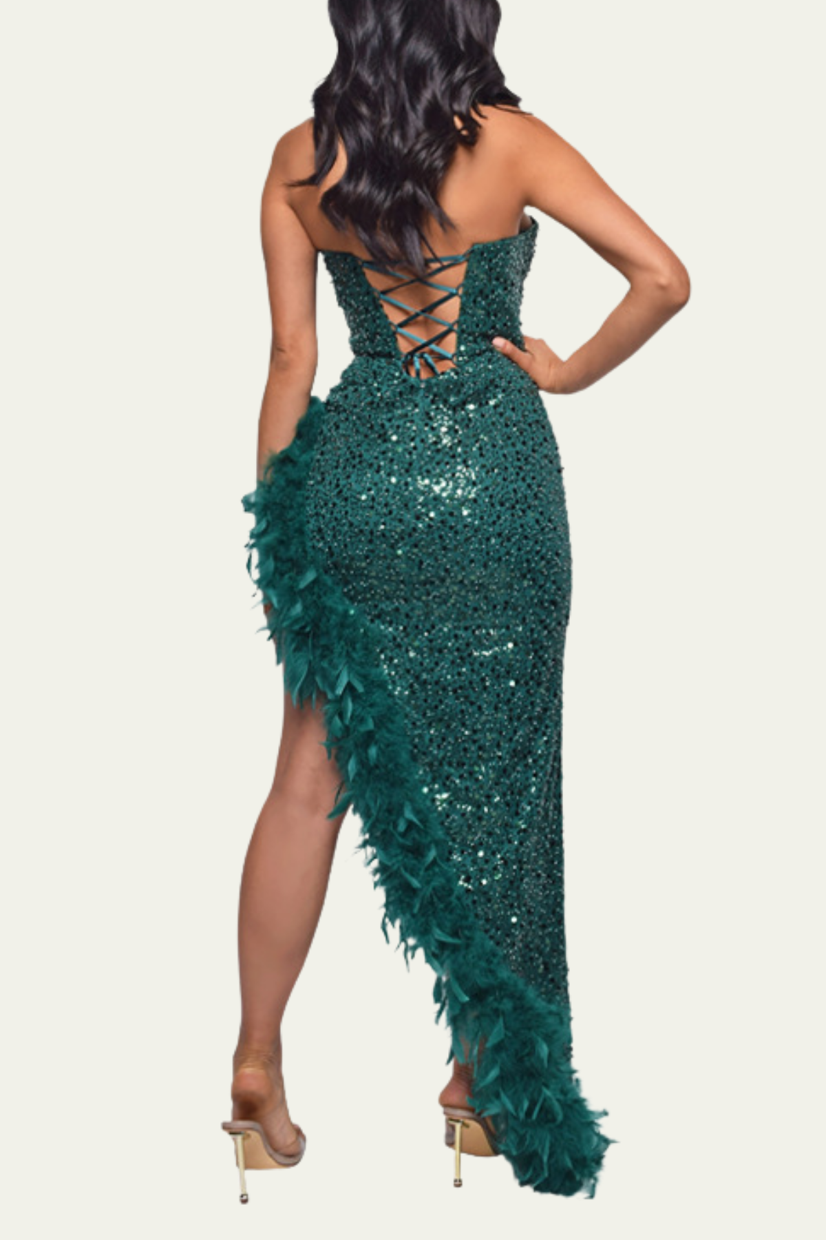 Ada Strapless Sequin Feather Split Maxi Dress