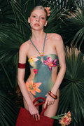 Adelynn Floral Cutout Swimsuit in deep green floral print, halter neck one-piece with side cutouts, full view