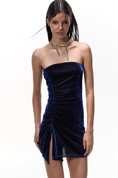 Adelynn Glitter Strapless Mesh Mini Dress
