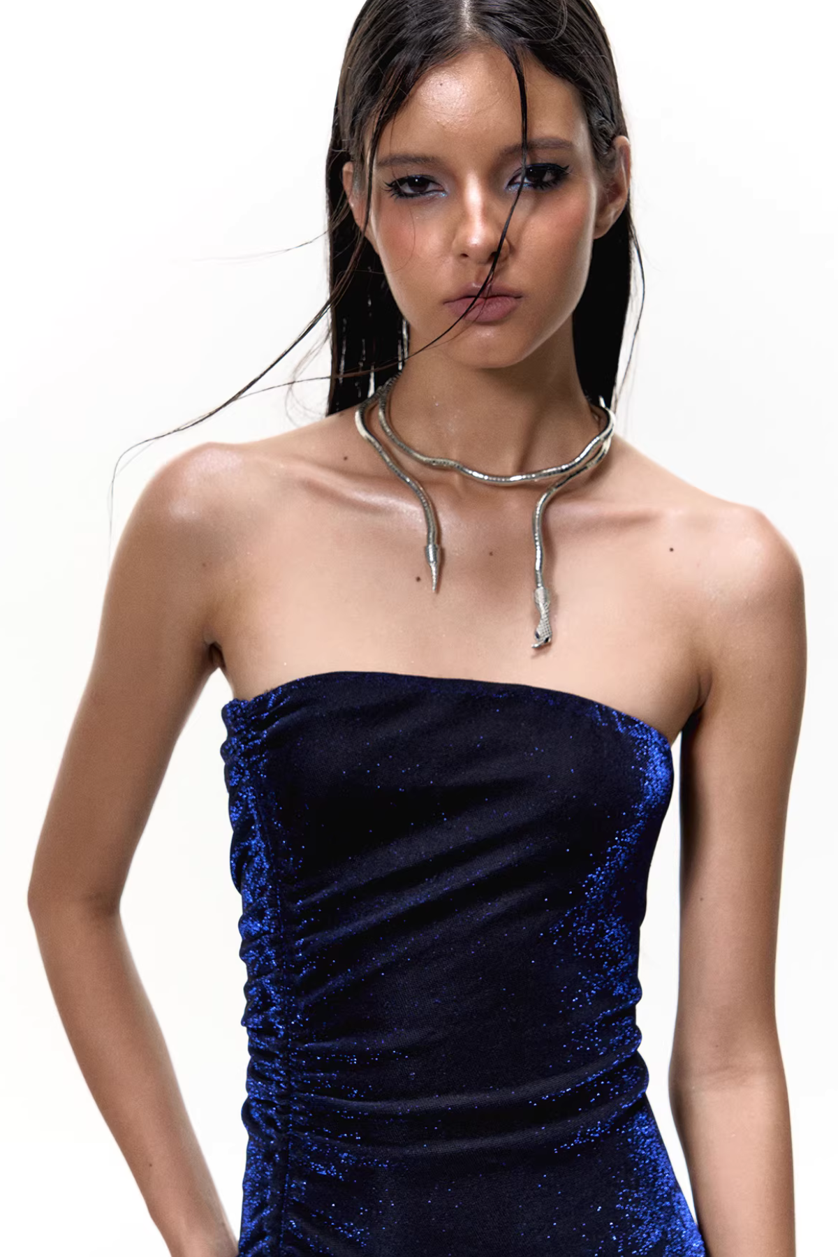 Adelynn Glitter Strapless Mesh Mini Dress