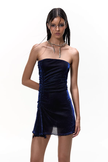 Adelynn Glitter Strapless Mesh Mini Dress
