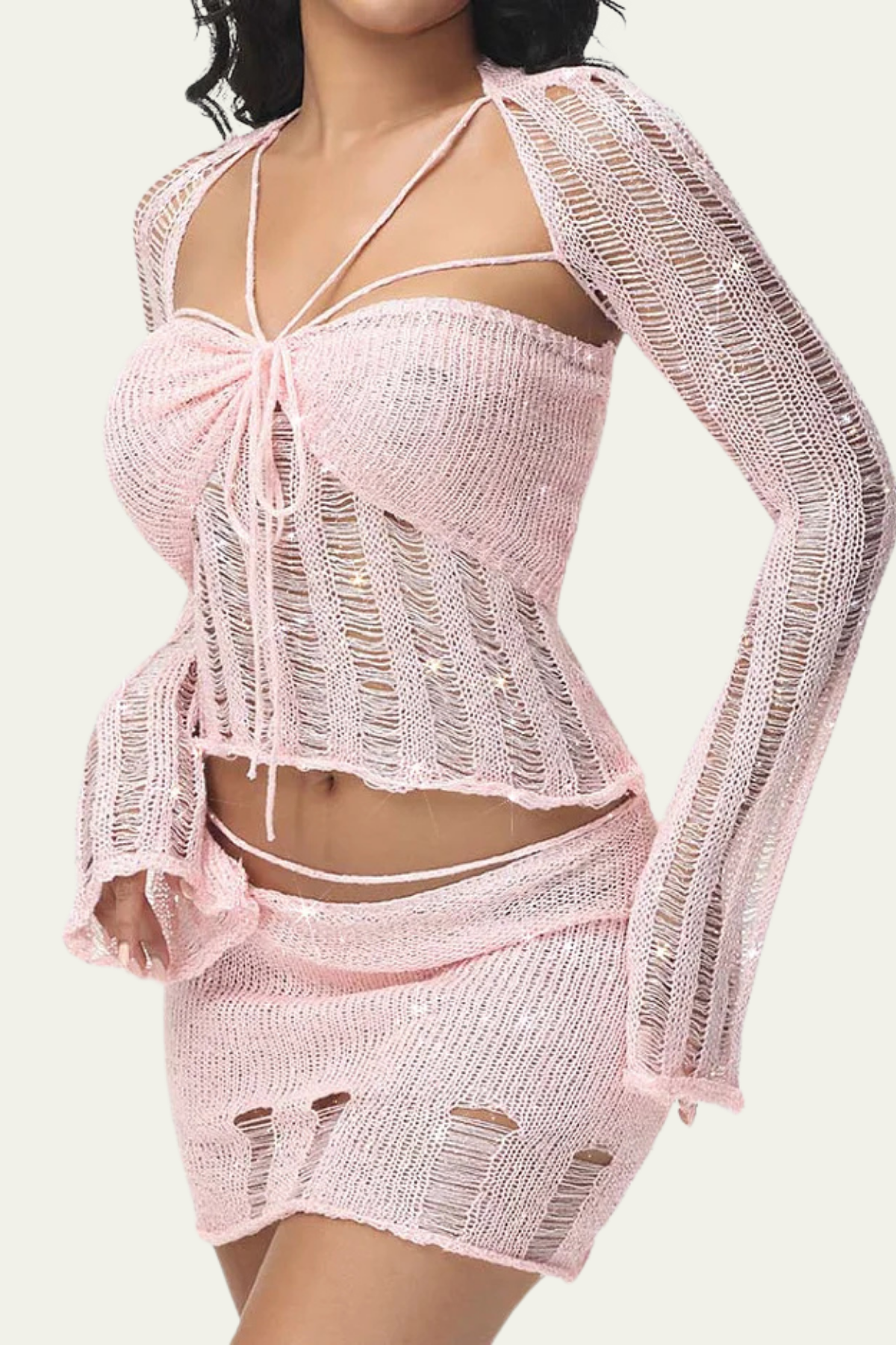 Alexandra Sequin Cutout Lace Up Knit Skirt Set In Pink