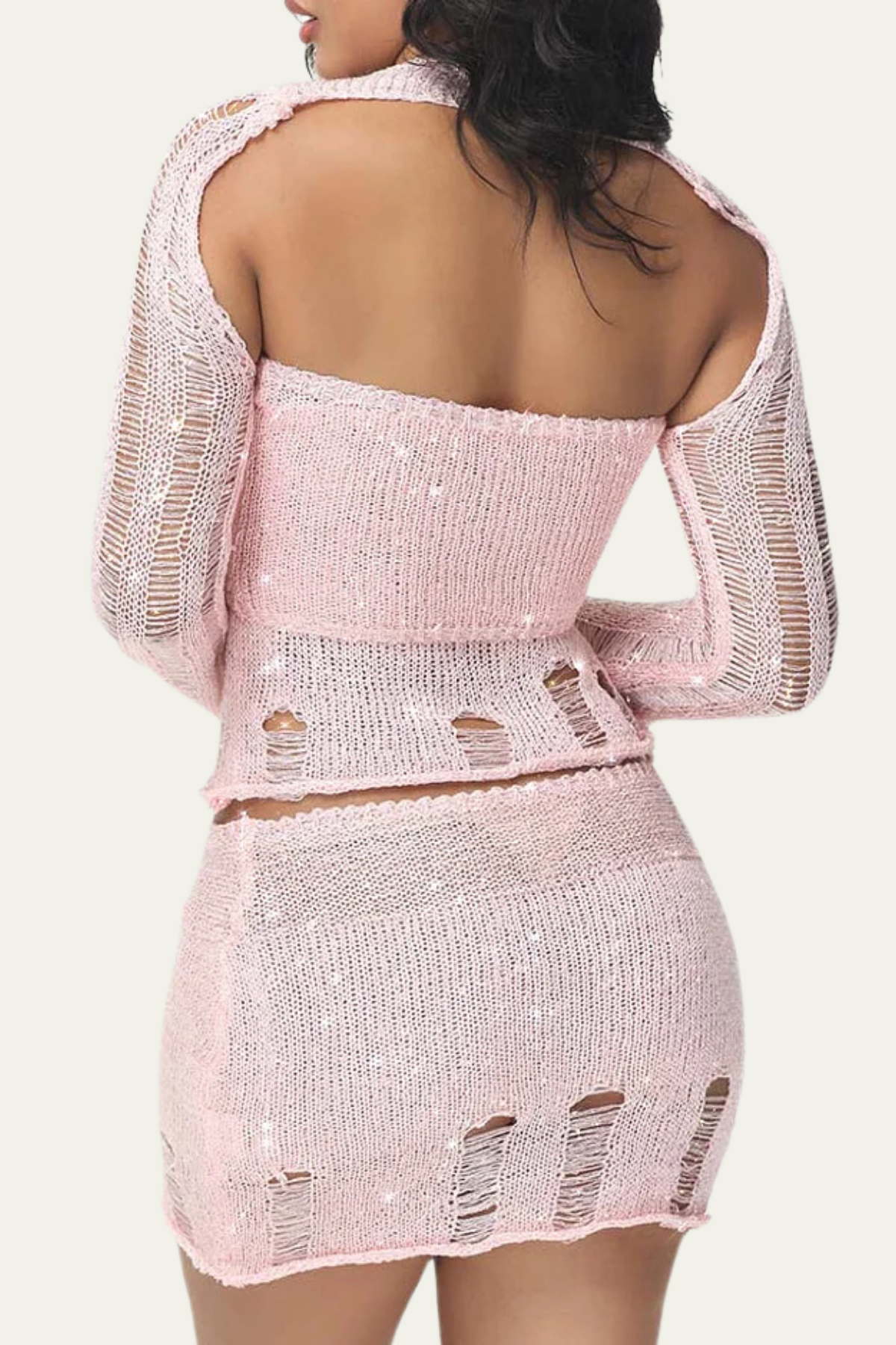 Alexandra Sequin Cutout Lace Up Knit Skirt Set In Pink