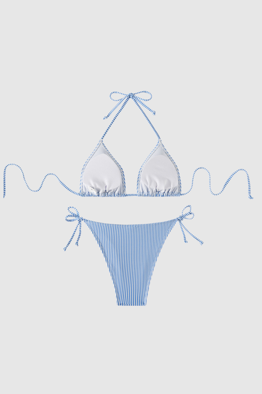 3D back view blue and white striped bikini open back halter tie design