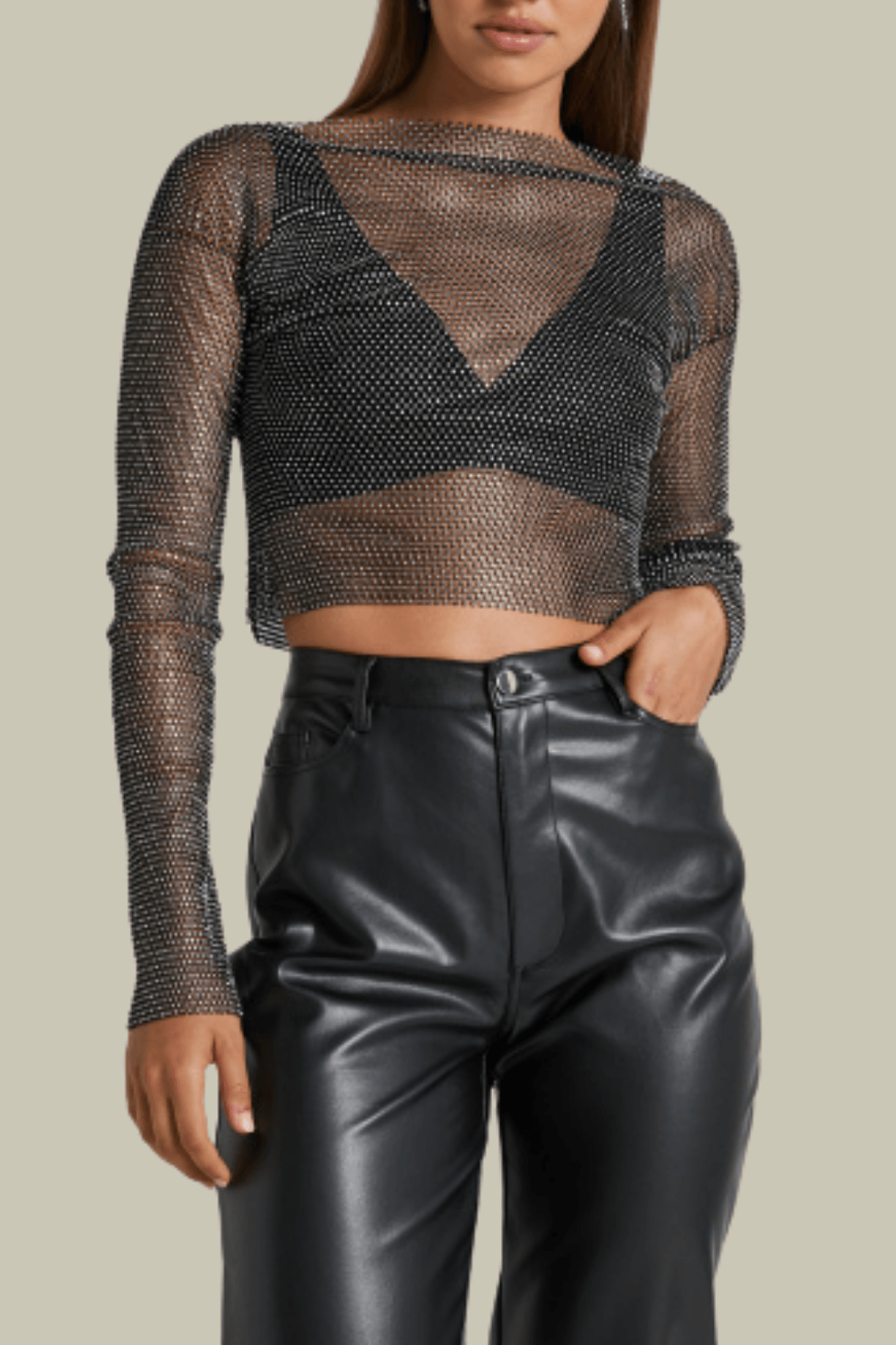 Allison Mesh See Through Rhinestone Top In Black