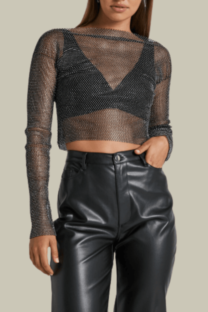 Allison Mesh See Through Rhinestone Top In Black