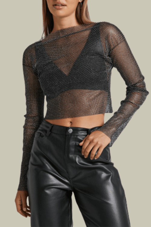 Allison Mesh See Through Rhinestone Top In Black – Luxeles