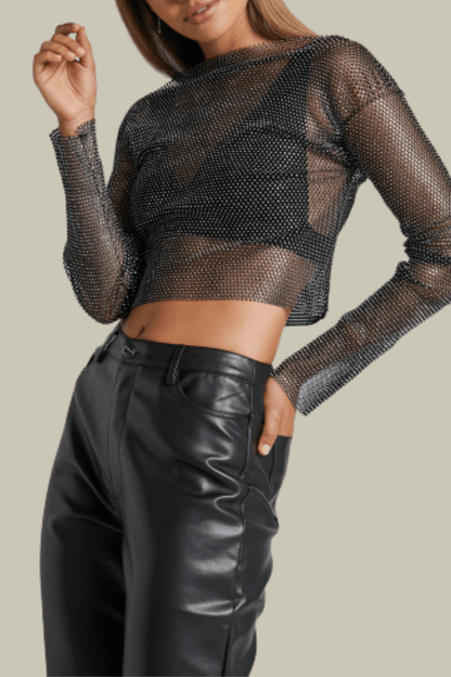 Allison Mesh See Through Rhinestone Top In Black