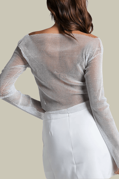 Allison Mesh See Through Rhinestone Top In White