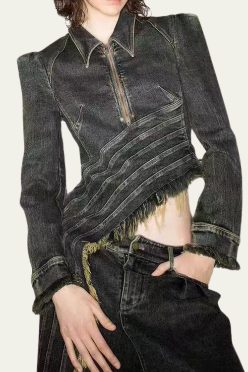 Angela Asymmetric Ruch Denim Jacket – Luxeles