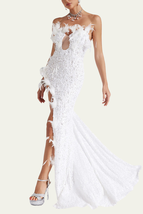 Annabelle Pearl Feather Split Maxi Dress – Luxeles
