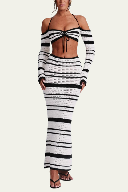 Arabella Stripe Lace Up Off Shoulder Skirt Set