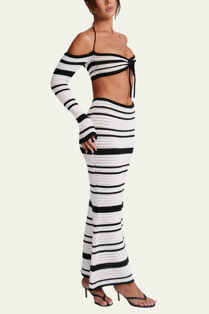 Arabella Stripe Lace Up Off Shoulder Skirt Set