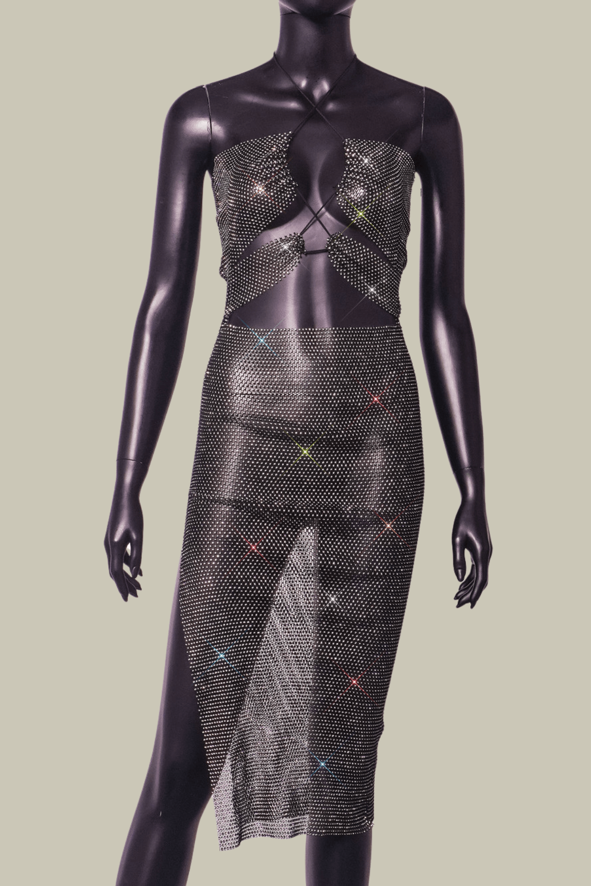 Aria Cutout Rhinestone Mesh Midi Dress