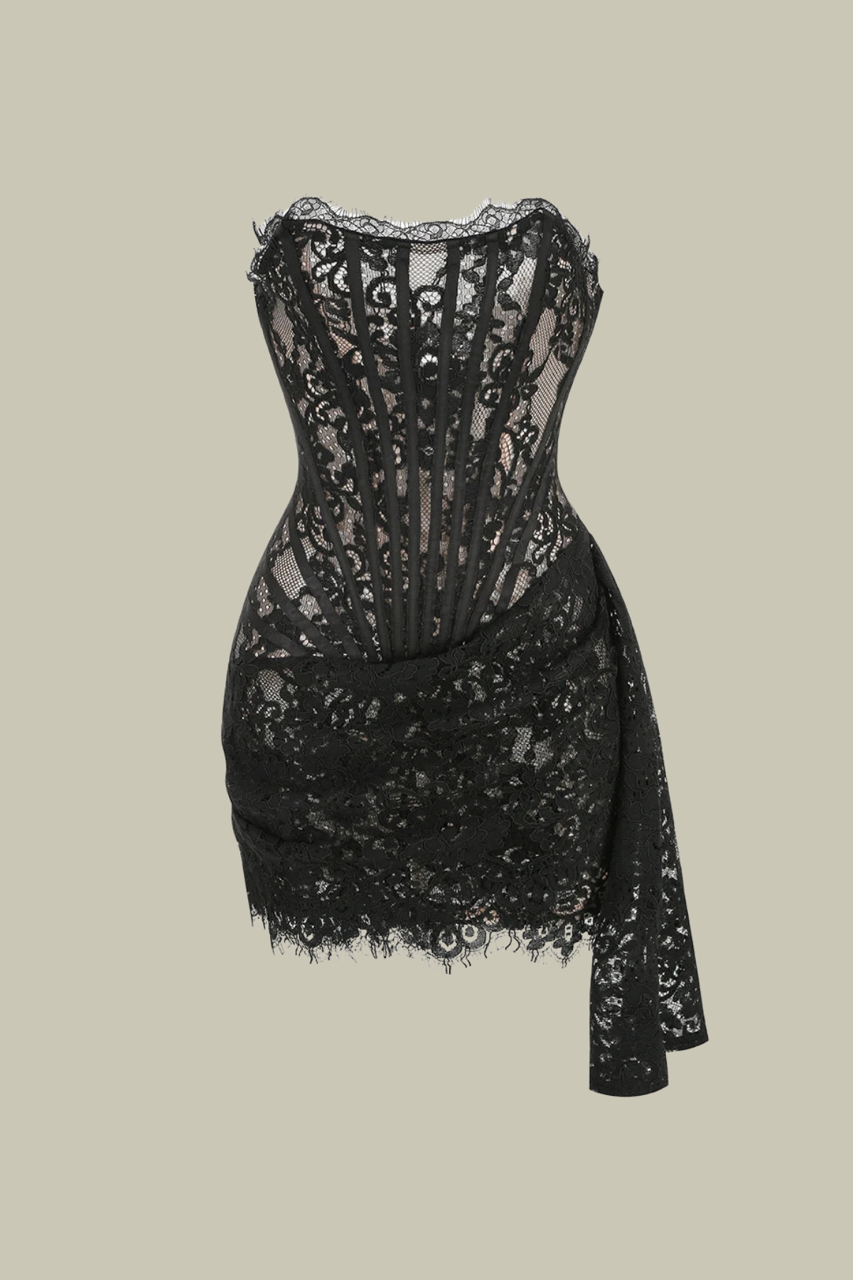 Arya Lace Corset Strapless Ruch Mini Dress In Black