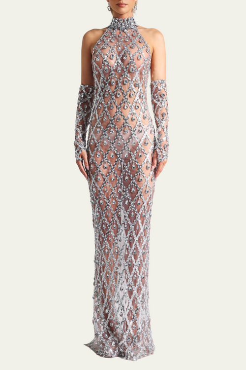 Ashley Halter Neck Rhinestone Maxi Dress – Luxeles