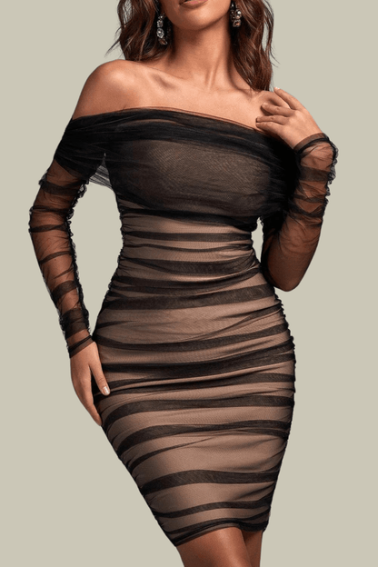 Bella Mesh Ruch Off Shoulder Mini Dress