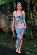 Blaire Floral Three Piece Swimwear in blue floral print with asymmetric sheer sarong, halter neck full view