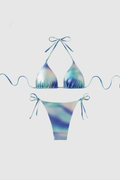 Bonnie metallic two piece bikini set blue to silver gradient front view with glossy finish and tie design