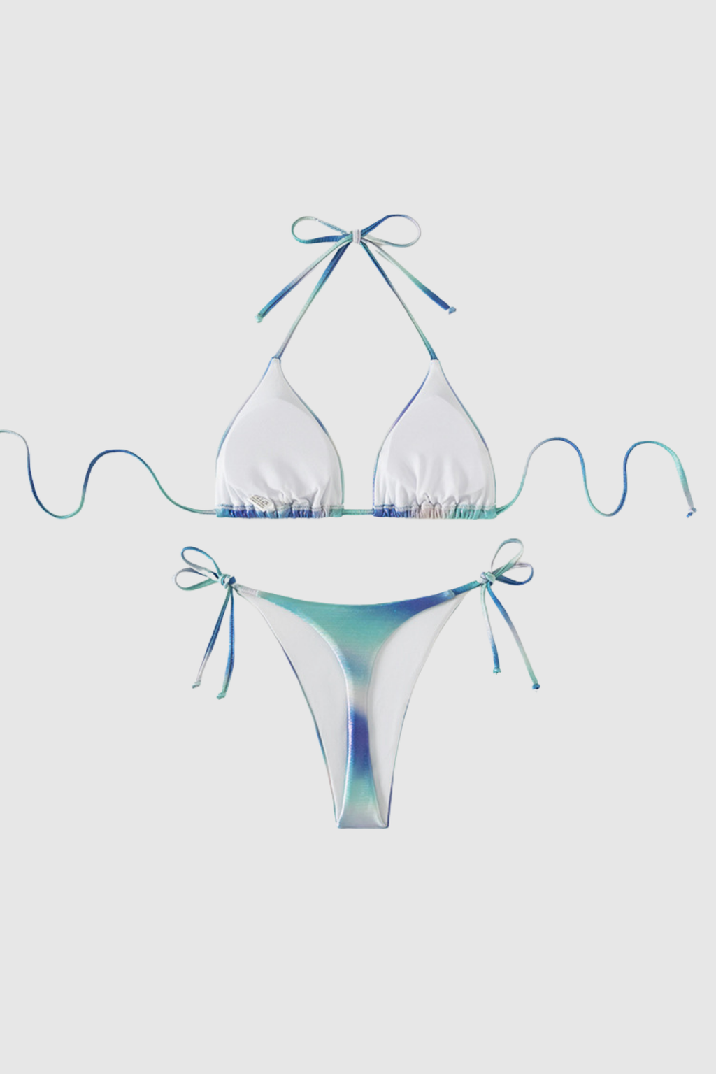 Back view of metallic bikini set with blue silver gradient open back and tie closure