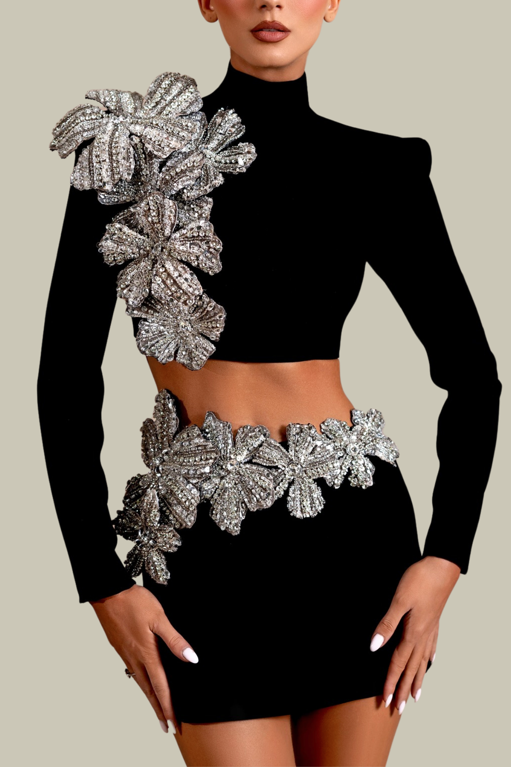 Brielle Rhinestone Bodycon Long Sleeve Skirt Set – Luxeles