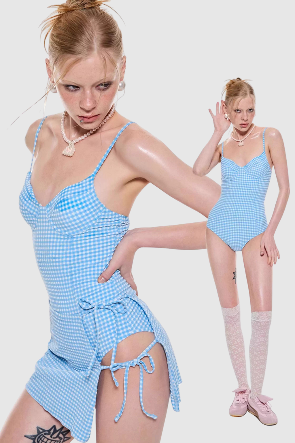 Two women wearing blue checkered swimsuits on a white background
