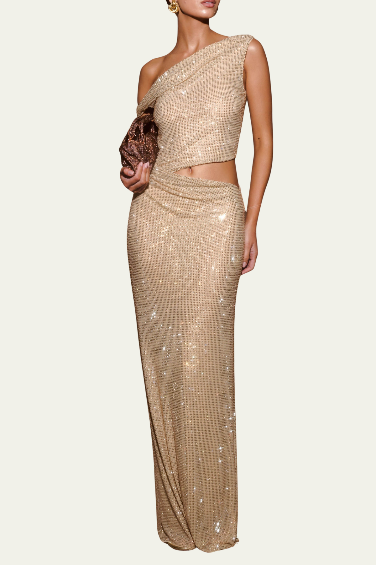 Carmen Rhinestone Cutout Maxi Dress In Apricot – Luxeles