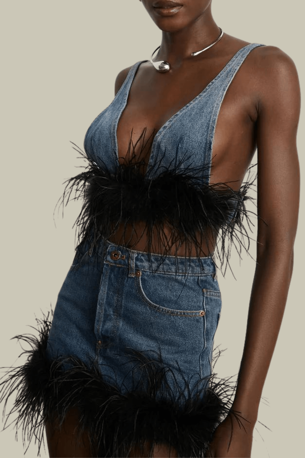 Eleanor Feather Embellished Denim Top