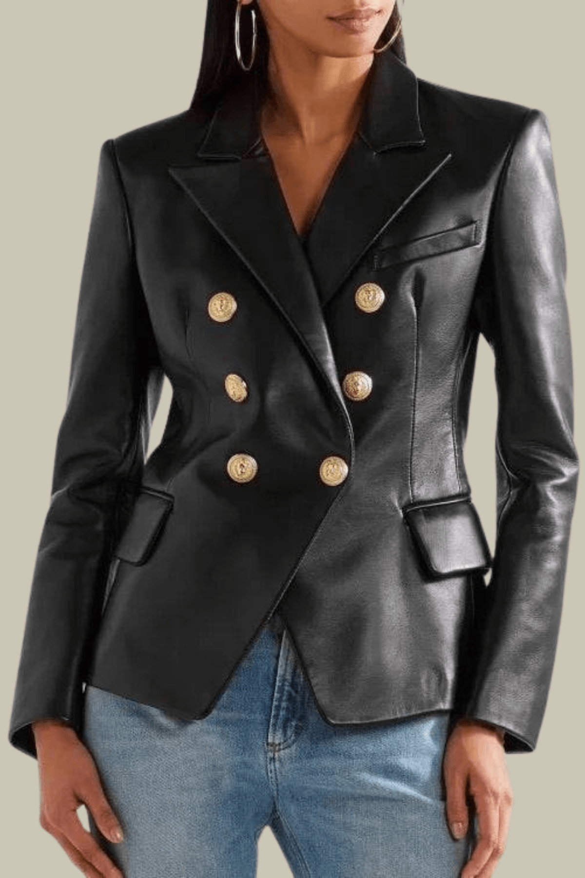 Elena Plunge Button Leather Jacket In Black – Luxeles