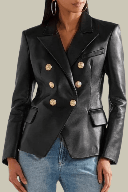 Elena Plunge Button Leather Jacket In Black