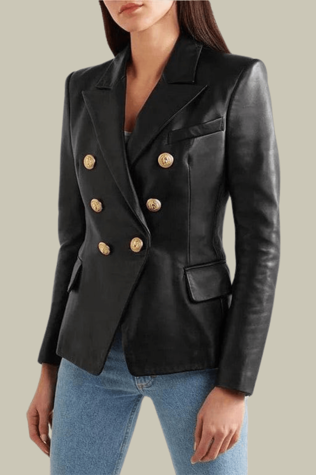 Elena Plunge Button Leather Jacket In Black