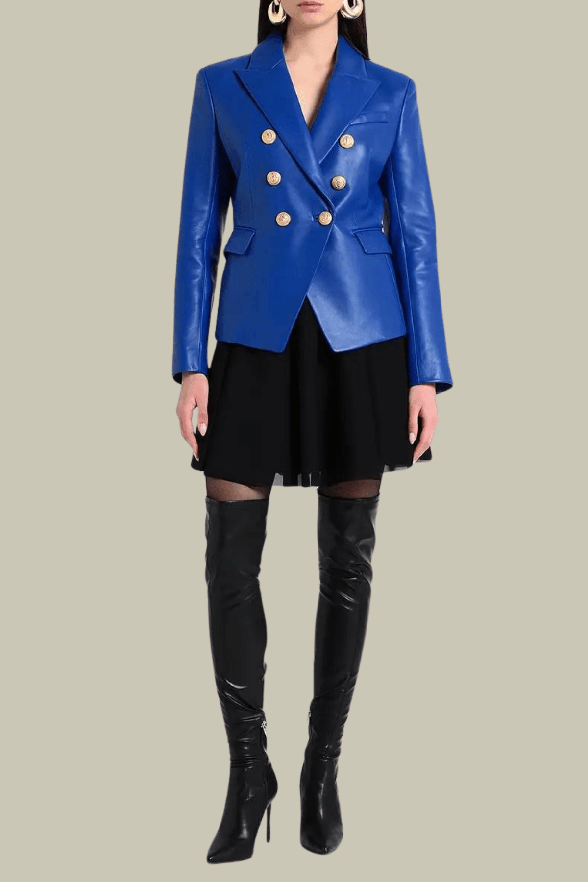 Elena Plunge Button Leather Jacket In Blue – Luxeles