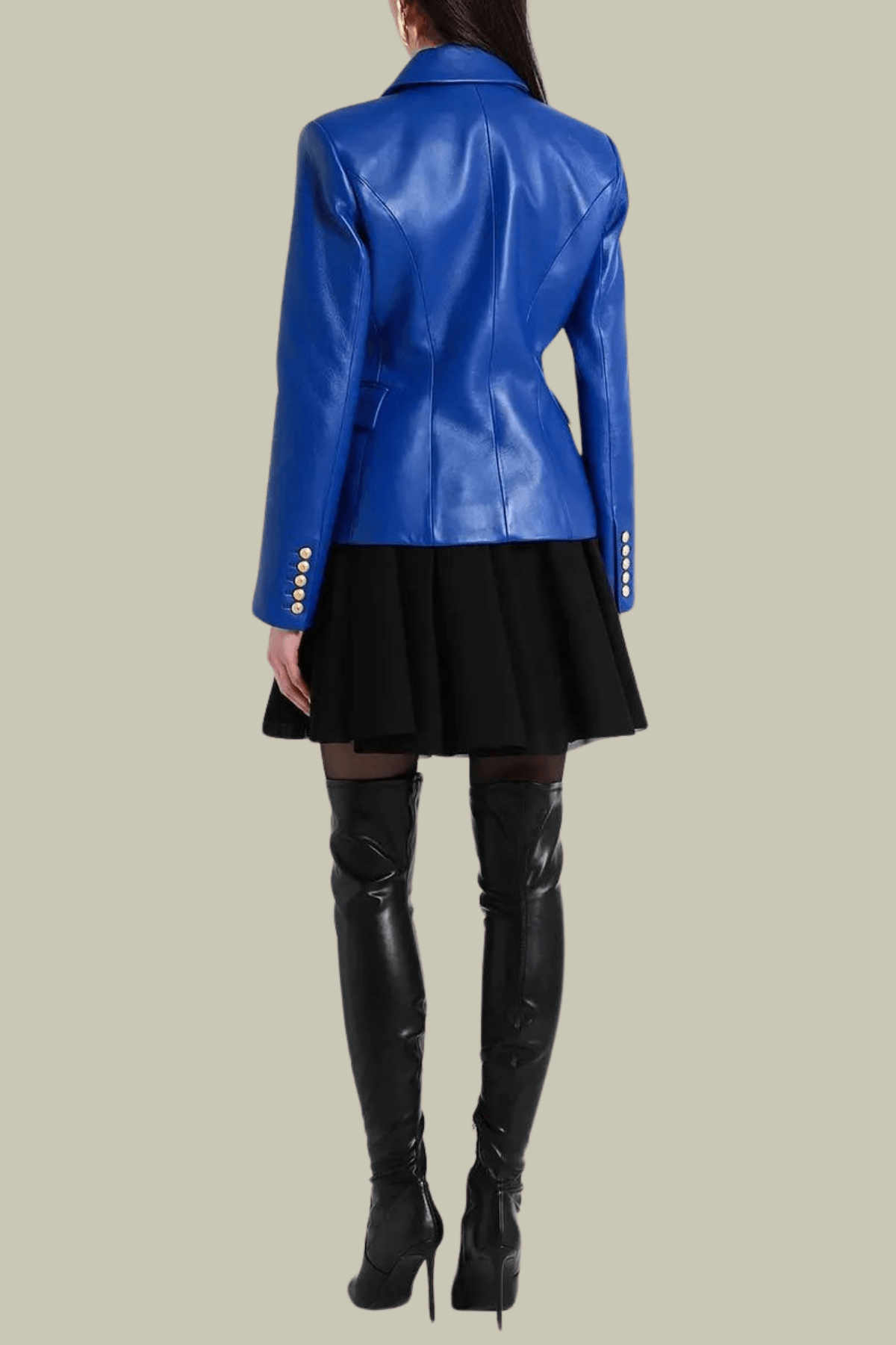 Elena Plunge Button Leather Jacket In Blue – Luxeles