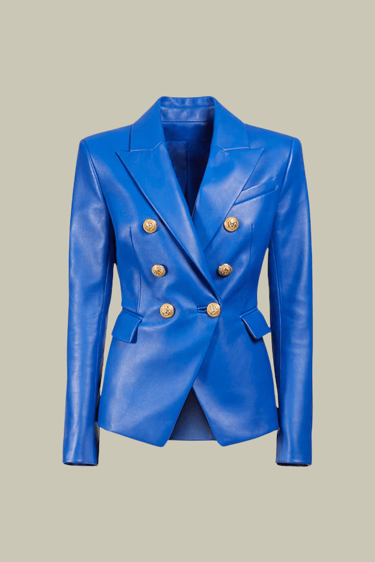 Elena Plunge Button Leather Jacket In Blue – Luxeles