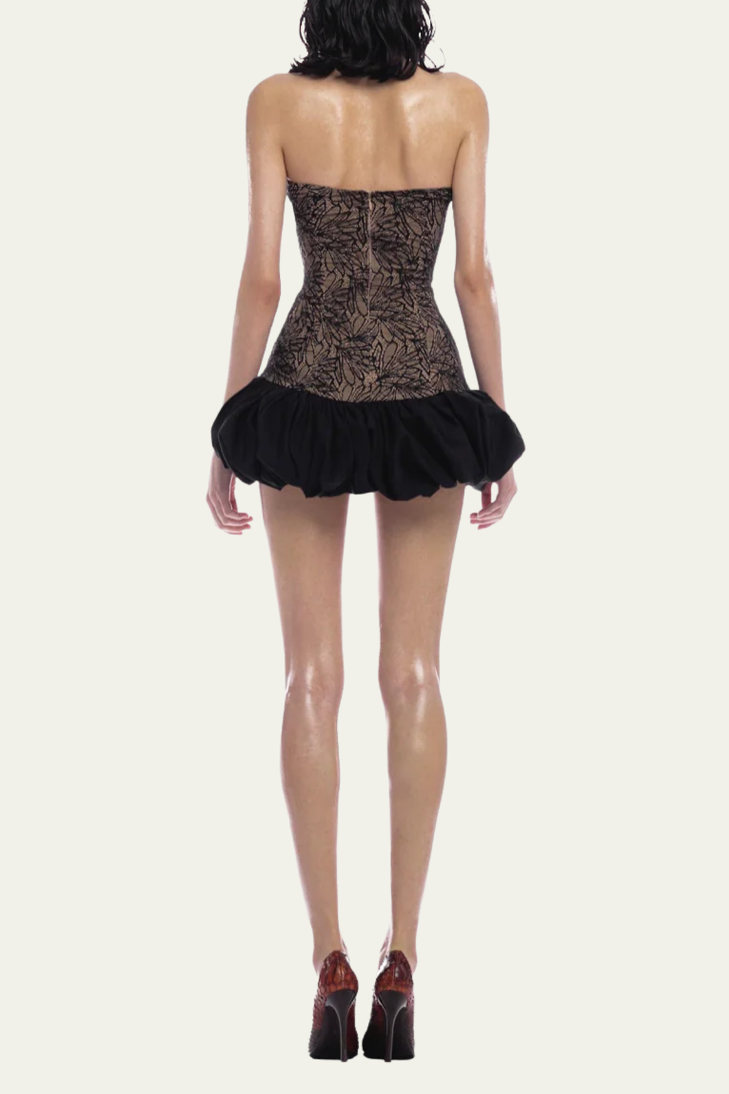 black strapless mini dress back zip detail back view