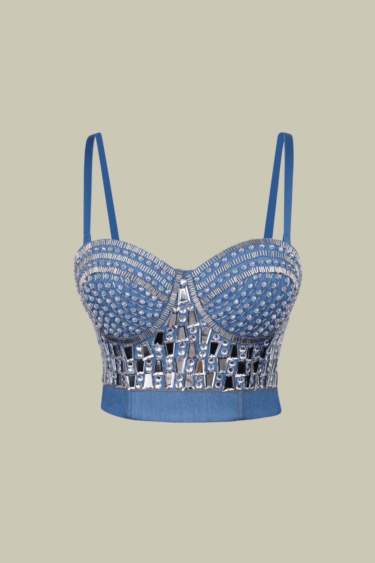 Eliza Rhinestone Corset Spaghetti Denim Top