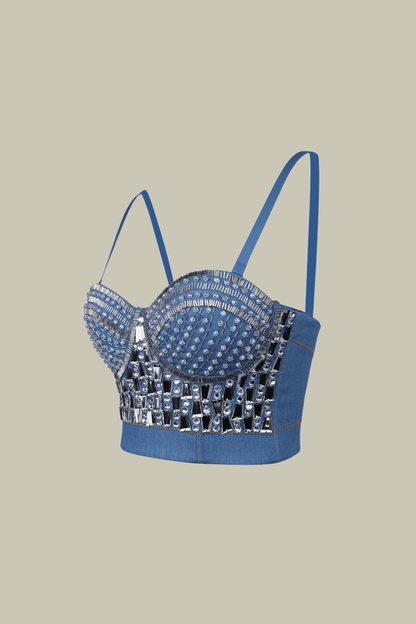 Eliza Rhinestone Corset Spaghetti Denim Top