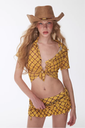 Elowyn Grid Tie Up Swimwear four piece set in yellow grid print with cropped shirt cover-up and mini skirt, full view