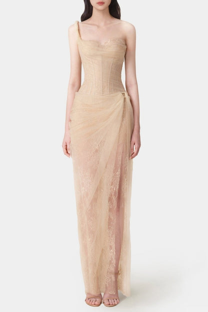 Emely Asymmetric Corset Mesh Maxi Dress