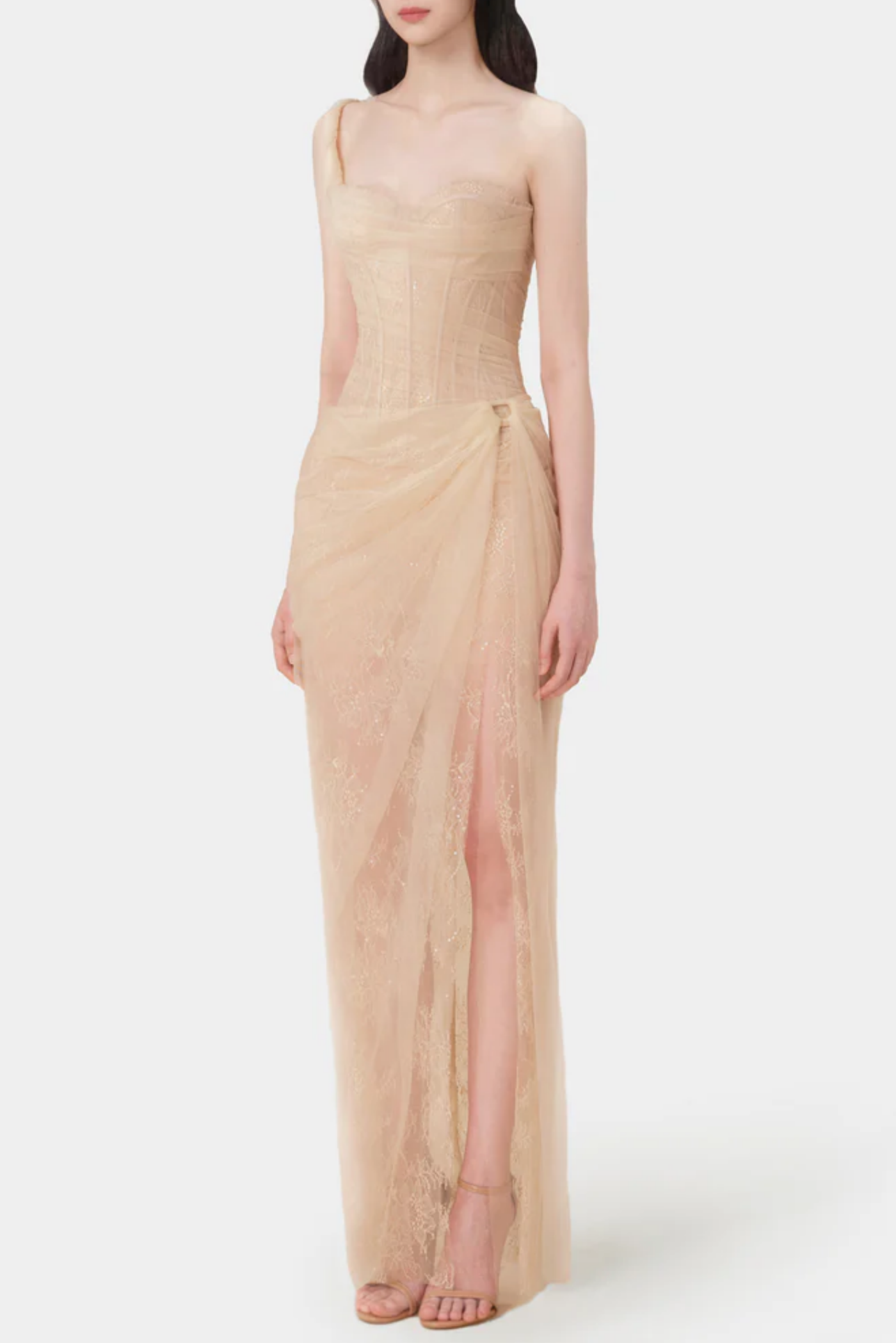 Emely Asymmetric Corset Mesh Maxi Dress