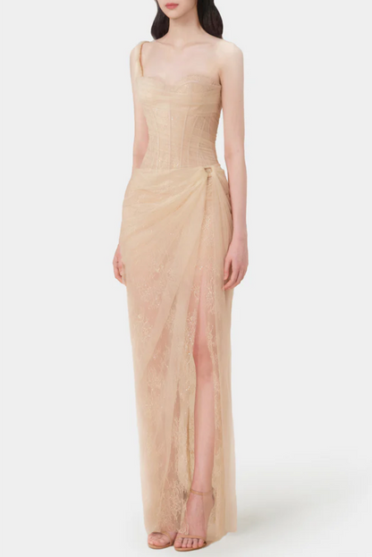 Emely Asymmetric Corset Mesh Maxi Dress