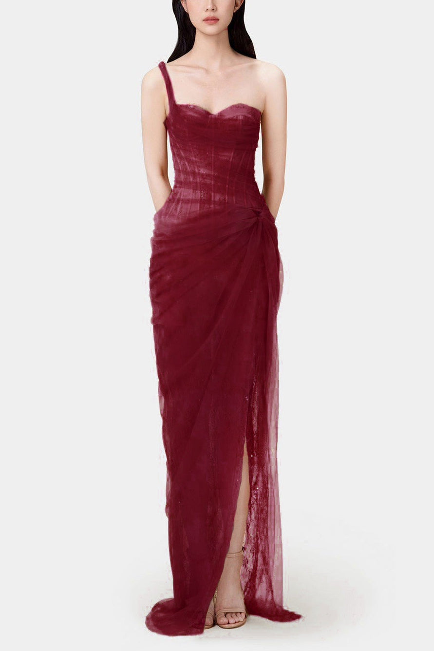 Emely Asymmetric Corset Mesh Maxi Dress