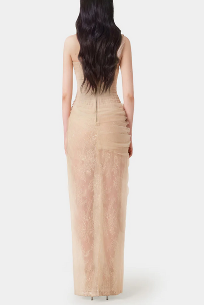 Emely Asymmetric Corset Mesh Maxi Dress