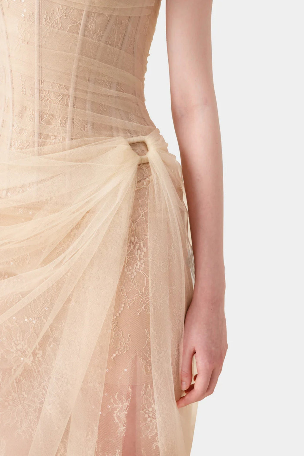 Emely Asymmetric Corset Mesh Maxi Dress