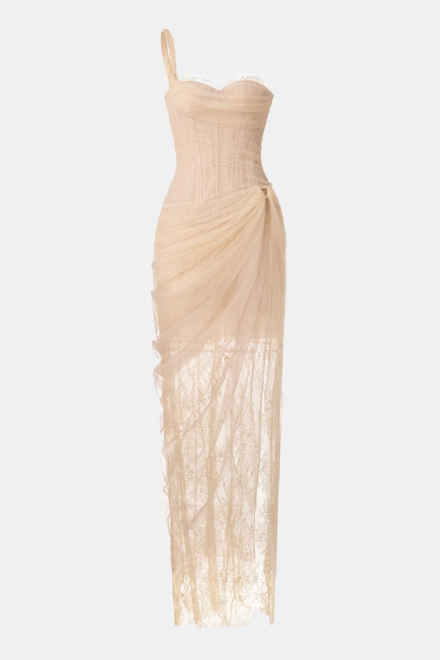 Emely Asymmetric Corset Mesh Maxi Dress