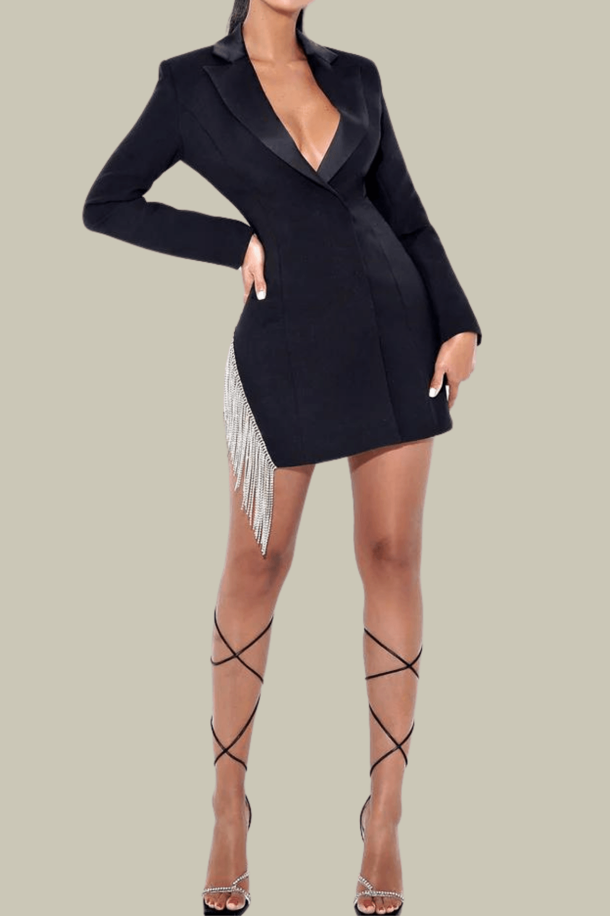 Emilia Plunge Fringe Blazer Mini Dress In Black – Luxeles