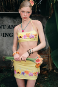 Emmy Floral Bead Two Piece Bikini Set in cream yellow floral print with beaded halter neck and sheer sarong, full view