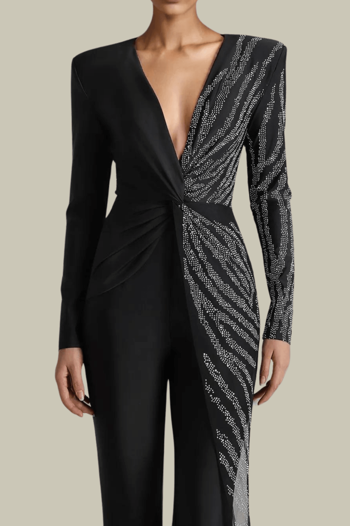 Genesis Rhinestone Embellished Ruch Bodycon Jumpsuit